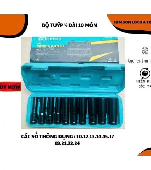 Bộ 10 đầu khẩu, đầu tuýp 1/2 dài đen thương hiệu Gofuther