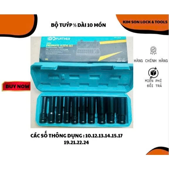 Bộ 10 đầu khẩu, đầu tuýp 1/2 dài đen thương hiệu Gofuther